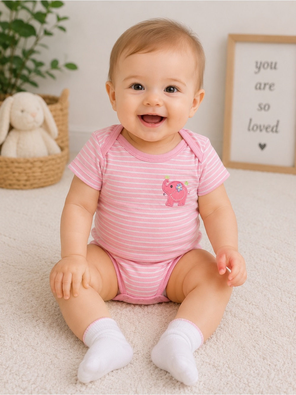 Gerber Pink Striped Elephant bodysuit– 0–3 Months